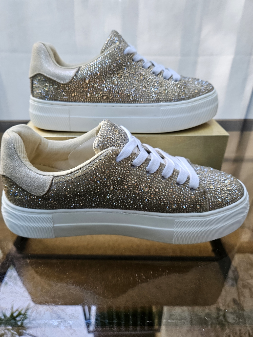 Betsey Johnson Gold Rhinestone Crystal Platform Sneakers Sparkly Shoes 5.5